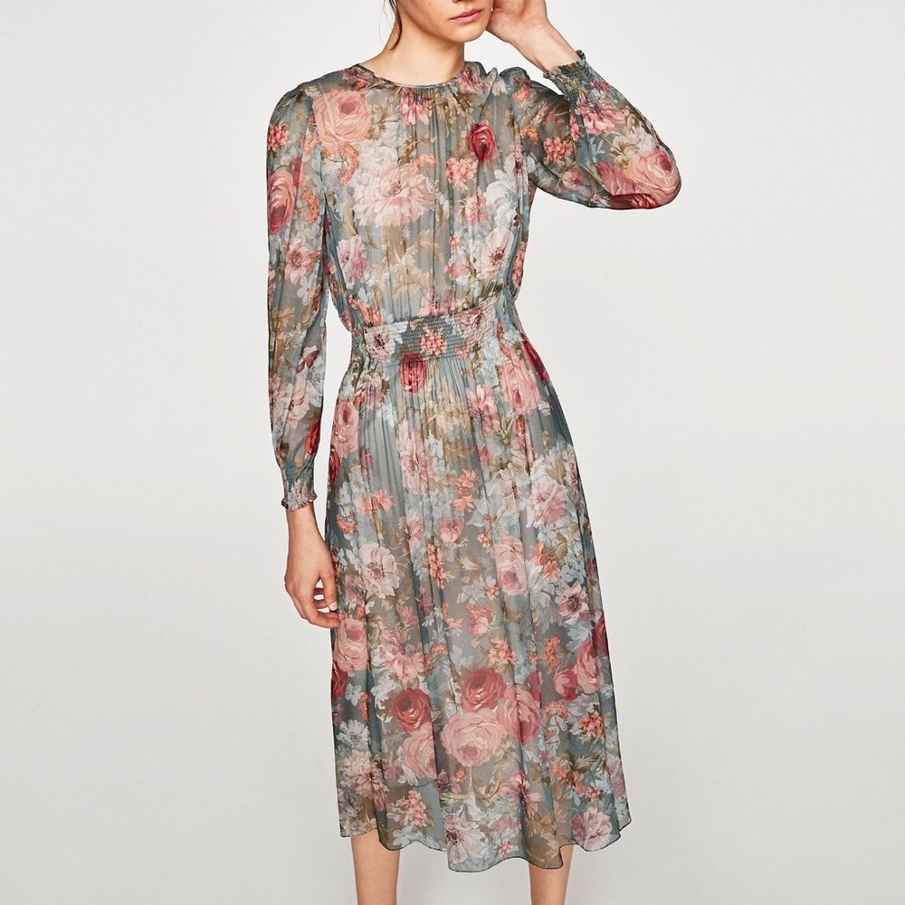 NWT Zara Green and Pink Floral Midi Dress - Picture 2 of 8